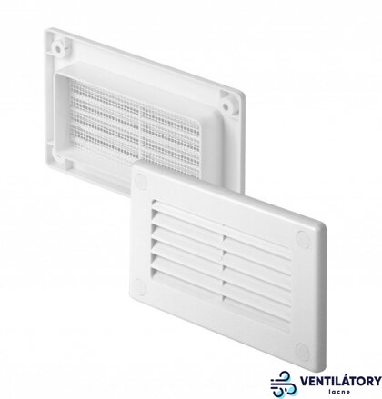 Biela ukončovacia vetracia mriežka so sieťkou proti hmyzu, ABS plast, 55x110mm, krycia plocha 140x85mm