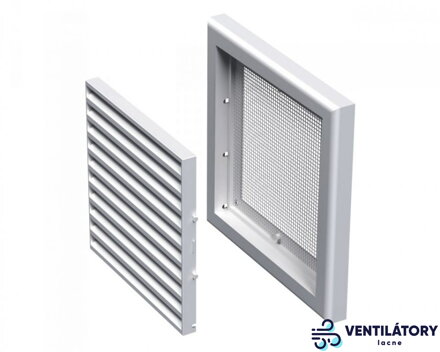 Plastová Vetracia Mriežka MV121S s Rovnými Lamely a Sieťkou proti Hmyzu, ABS Plast 186x186 mm
