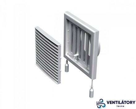 Plastová vetracia mriežka MV101VRS s prírubou 100mm, sieťkou a zatváraním, rovné lamely, krycia plocha 154x154mm