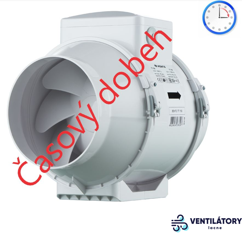 Axiálny odsávací ventilátor VENTS TT 150T s časovým dobehom, dvojrýchlostný, priemer 150mm, výkon 405-520m3/h, napätie 230V