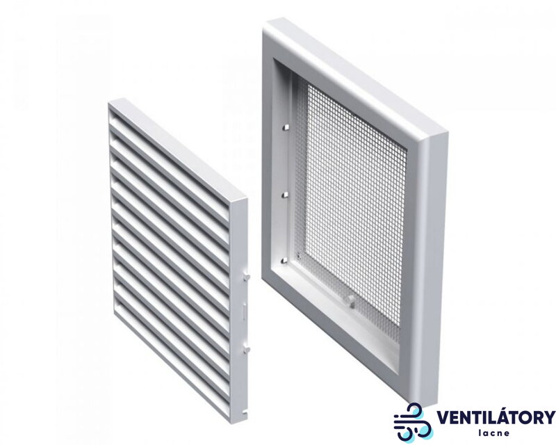 Plastová Vetracia Mriežka MV121S s Rovnými Lamely a Sieťkou proti Hmyzu, ABS Plast 186x186 mm Plastová Vetracia Mriežka MV121S s Rovnými Lamely a Sieťkou proti Hmyzu, ABS Plast 186x186 mm